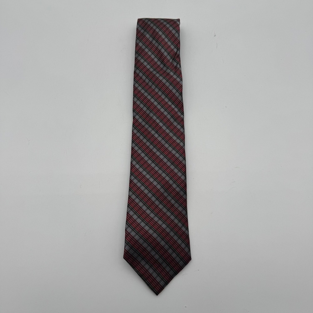 Perry Ellis Portfolio Men's Silk Tie Red Gray Black Plaid Necktie
